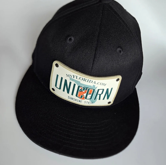 CityLocs Florida Plate Leather Patch Unicorn Black Fitted Hat Streetwear - Picture 10 of 10